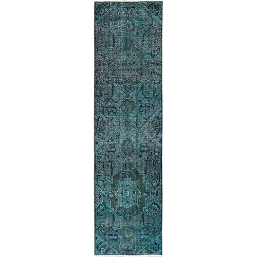 Overdyed Green, Vintage Persian Tabriz, Hand Knotted, 100% Wool, Distressed, Zero Pile, Cropped Thin, Even Wear, Sides and Ends Professionally Secured, Runner, Oriental 