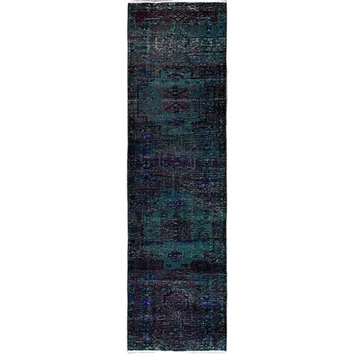 Overdyed Green, Vintage Persian with Geometric Pattern, Worn Down, Distressed, Zero Pile, Sides and Ends Professionally Secured, 100% Wool, Hand Knotted, Narrow Runner, Oriental 