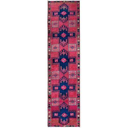 Punch Pink, Overdyed Northwest Persian with Armenian Inspired Caucasian Design, 100% Wool, Hand Knotted, Shaved Down, Zero Pile, Sides and Ends Professionally Secured, Good Condition, Narrow Runner, Oriental 