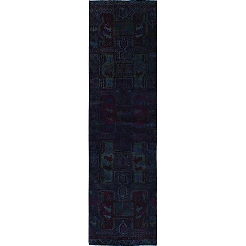 Overdyed Purple, Dark Colors Vintage Persian Hamadan with Bird Figurines, 100% Wool, Hand Knotted, Cropped Thin, Even Wear, Sides and Ends Professionally Secured, Good Condition, Runner, Oriental 