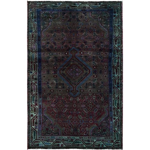 Rust Red, Overdyed Vintage Persian Hamadan with Geometric Medallion Design, Distressed and Worn, Cropped Thin, Zero Pile, Sides and Ends Professionally Secured, Hand Knotted, 100% Wool, Oriental 