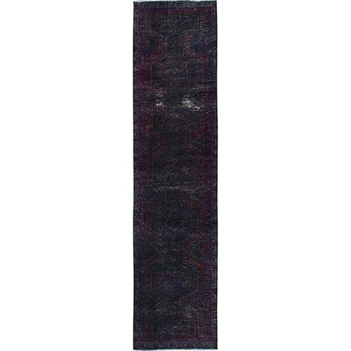 Wine Red, Dark Colors, Overdyed Vintage Persian Hamadan, 100% Wool, Hand Knotted, Distressed, Cropped Thin, Sides and Ends Professionally Secured, Runner, Oriental 