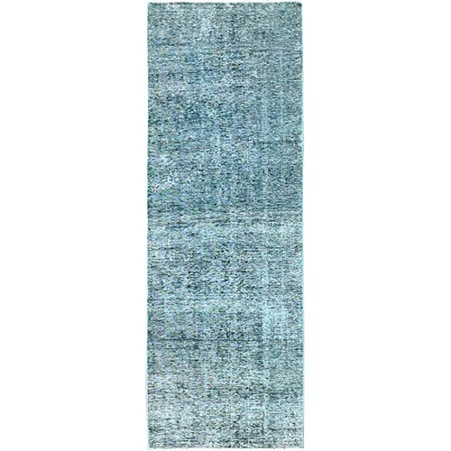 Viridian Green, Overdyed Vintage Persian Tabriz, Worn and Distressed, Sides and Ends Professionally Secured, Shaved Low, Hand Knotted, 100% Wool, Fragment, Runner, Oriental 