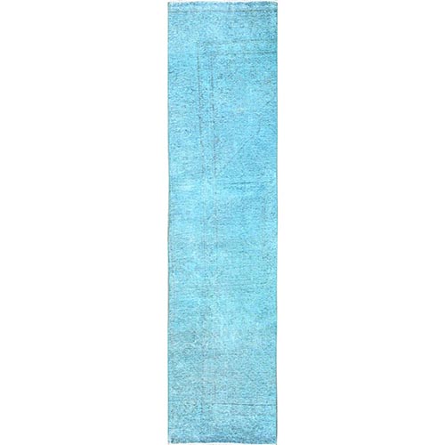 Tile Blue, Overdyed Vintage Persian Tabriz, Shaved Down, Worn and Distressed, Sides and Ends Professionally Secured, Hand Knotted, 100% Wool, Fragment, Narrow Runner, Oriental 