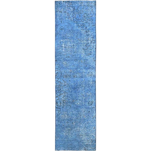 Bayern Blue, Overdyed Vintage Persian Tabriz, Worn and Distressed, Sides and Ends Professionally Secured, Cropped Thin, Hand Knotted, 100% Wool, Fragment, Narrow Runner, Oriental 