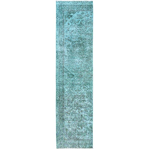 Bottle Green, Overdyed Vintage Persian Tabriz, Worn and Distressed, Hand Knotted, 100% Wool, Sides and Ends Professionally Secured, Sheared Low, Fragment, Narrow Runner, Oriental 