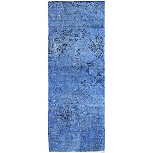 Carolina Blue, Overdyed Vintage Persian Tabriz, Worn and Distressed, Sides and Ends Professionally Secured, Shaved Low, Hand Knotted, 100% Wool, Fragment, Narrow Runner, Oriental 