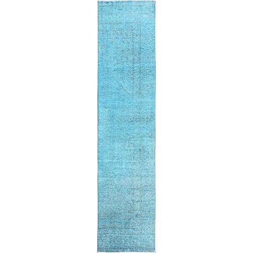 Sapphire Blue, Overdyed Vintage Persian Tabriz, Cropped Thin, Worn and Distressed, Sides and Ends Professionally Secured, Hand Knotted, Pure Wool, Fragment, Narrow Runner, Oriental 
