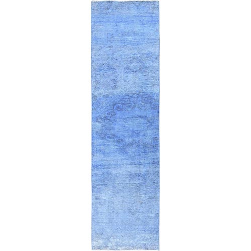 Berry Blue, Overdyed Vintage Persian Tabriz, Worn and Distressed, Sides and Ends Professionally Secured, Sheared Low, Hand Knotted, 100% Wool, Fragment, Runner, Oriental 