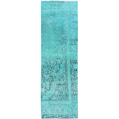 Wasabi Green, Overdyed Vintage Persian Tabriz with Distinct Abrash, Worn and Distressed, Sides and Ends Professionally Secured, Shaved Low, Hand Knotted, 100% Wool, Fragment, Narrow Runner, Oriental 