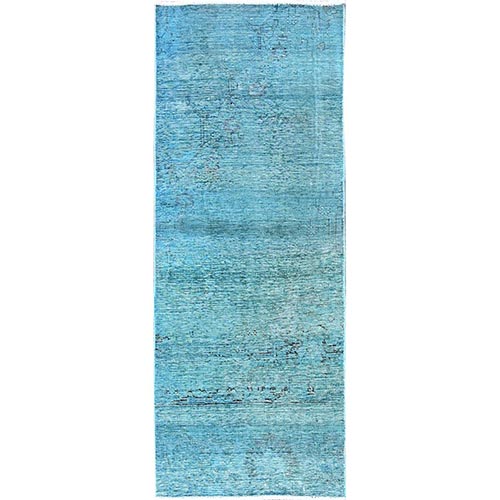Turkish Blue, Overdyed Vintage Persian Tabriz, Worn and Distressed, Sides and Ends Professionally Secured, Shaved Down, Hand Knotted, 100% Wool, Fragment, Narrow Runner, Oriental 
