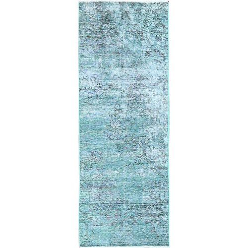 Wasabi Green, Overdyed Vintage Persian Tabriz, Worn and Distressed, Sheared Low, Sides and Ends Professionally Secured, Hand Knotted, 100% Wool, Fragment, Short & Narrow Runner, Oriental 
