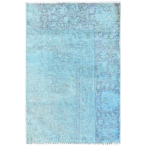 Sky Blue, Overdyed Vintage Persian Tabriz, Worn and Distressed, Sides and Ends Professionally Secured, Shaved Down, Hand Knotted, Pure Wool, Fragment, Mat, Oriental 