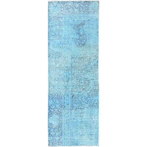 Crystal Blue, Overdyed Vintage Persian Tabriz, 100% Wool, Hand Knotted, Worn and Distressed, Sides and Ends Professionally Secured, Shaved Low, Fragment, Short & Narrow Runner, Oriental 