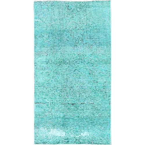 Bottle Green, Overdyed Vintage Persian Tabriz, Worn and Distressed, Sides and Ends Professionally Secured, Shaved Down, Hand Knotted, 100% Wool, Fragment, Mat, Oriental 