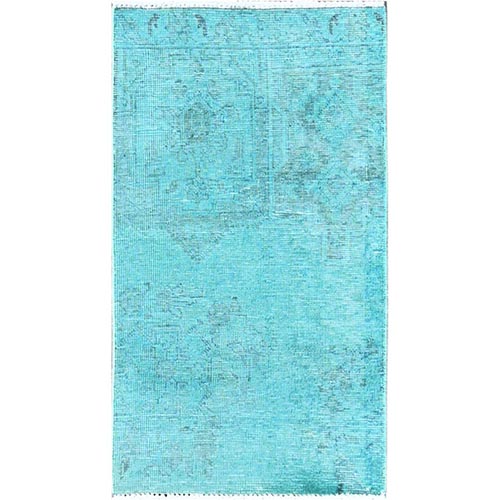 Aqua Blue, Overdyed Vintage Persian Tabriz, Worn and Distressed, Sides and Ends Professionally Secured, Cropped Thin, Hand Knotted, 100% Wool, Fragment, Mat, Oriental 