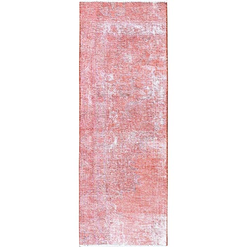 Coral Red, Overdyed Vintage Persian Tabriz, Worn and Distressed, Sides and Ends Professionally Secured, Shaved Low, Hand Knotted, 100% Wool, Fragment, Short & Narrow Runner, Oriental 