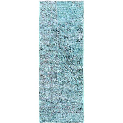Wasabi Green, Overdyed Vintage Persian Tabriz, Worn and Distressed, Sides and Ends Professionally Secured, Shaved Down, Hand Knotted, 100% Wool, Fragment, Short & Narrow Runner, Oriental 