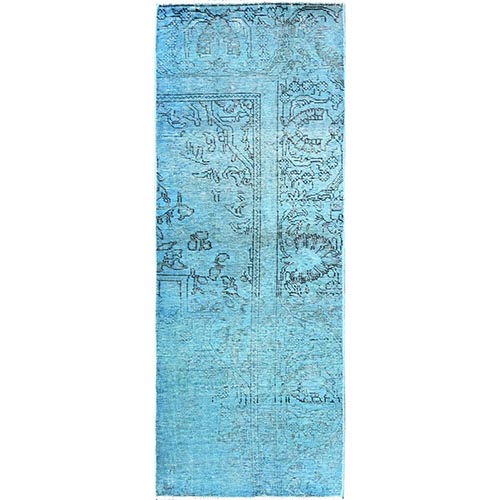 Aqua Blue, Overdyed Vintage Persian Tabriz, Cropped Thin, Worn and Distressed, Sides and Ends Professionally Secured, Hand Knotted, 100% Wool, Fragment, Short & Narrow Runner, Oriental 
