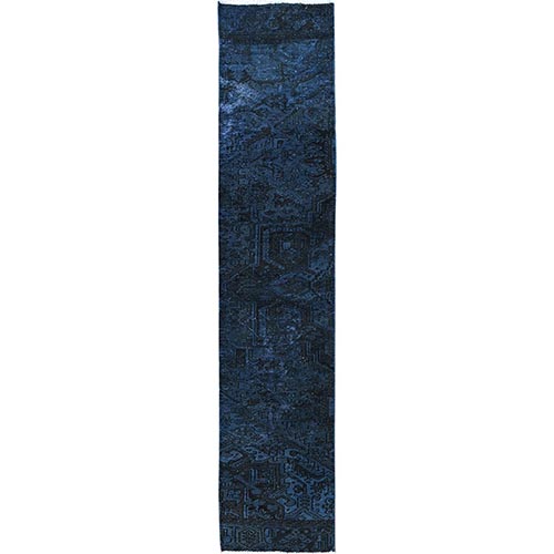 Midnight Blue, Overdyed Vintage Persian Tabriz, Worn and Distressed, Shaved Down, Sides and Ends Professionally Secured, Hand Knotted, 100% Wool, Fragment, Narrow Runner, Oriental 