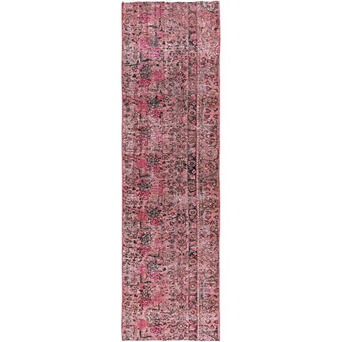 Rose Pink, Overdyed Vintage Persian Tabriz, Sheared Low, Zero Pile, Distressed and Worn, Sides and Ends Professionally Secured, Hand Knotted, Pure Wool, Fragment Runner, Oriental 