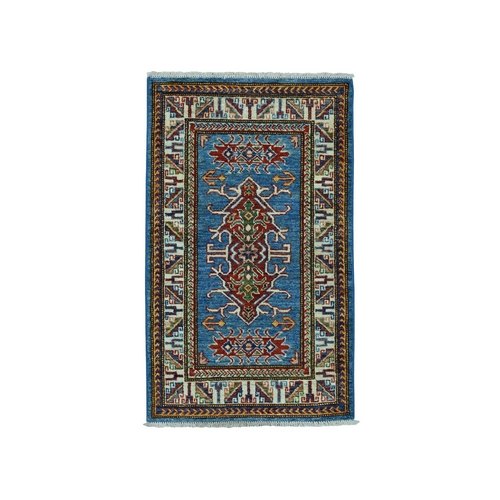 Blue Super Kazak Pure Wool Geometric Design Hand-Knotted Oriental 