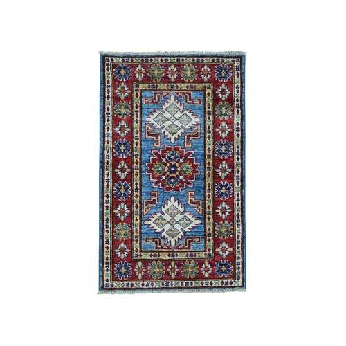Super Kazak Pure Wool Blue Geometric Design Hand-Knotted Oriental 