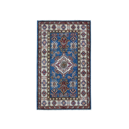 Blue Super Kazak Pure Wool Geometric Design Hand-Knotted Oriental 