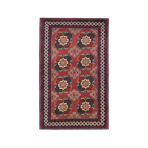 Vintage Red Elephant Feet Design Afghan Andkhoy Pure Wool Hand-Knotted Oriental 