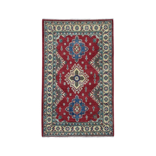 Red Kazak Pure Wool Geometric Design Hand-Knotted Oriental 