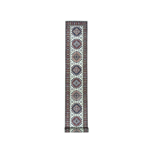 Ivory Super Kazak Geometric Design XL Runner Pure Wool Hand-Knotted Oriental 