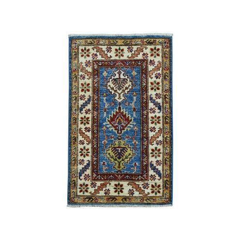 Blue Super Kazak Geometric Design Pure Wool Hand-Knotted Oriental 