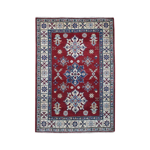 Red Geometric Design Kazak Pure Wool Hand-Knotted Oriental 