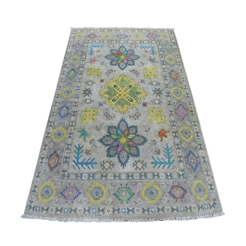 Gray Colorful Fusion Kazak Pure Wool Geometric Design Hand Knotted Oriental 
