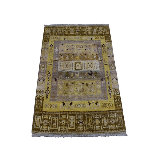 Yellow Pure Wool Kashkuli Gabbeh Pictorial Hand Knotted Oriental Rug 