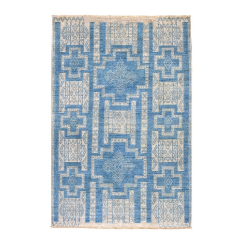Blue Hand Knotted Pure Wool Peshawar with Intricate Geometric Motifs Oriental 