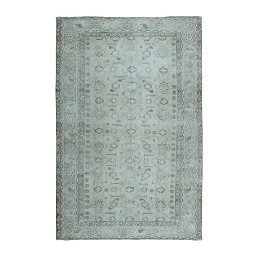 Cream Vintage Persian Tabriz Worn Pile Hand Knotted Oriental 