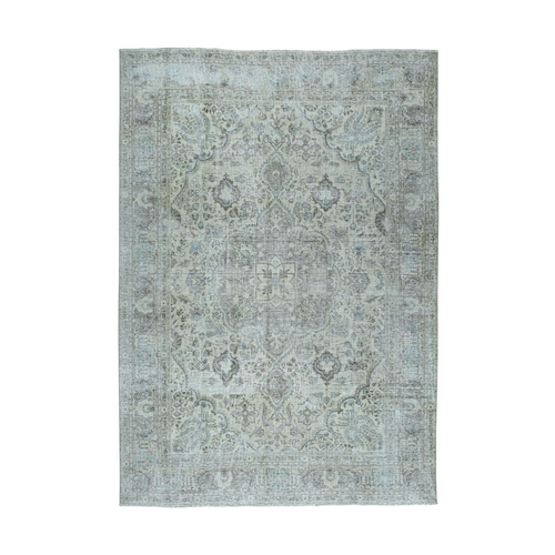 Beige Vintage Persian Tabriz Worn Pile Hand Knotted Oriental 