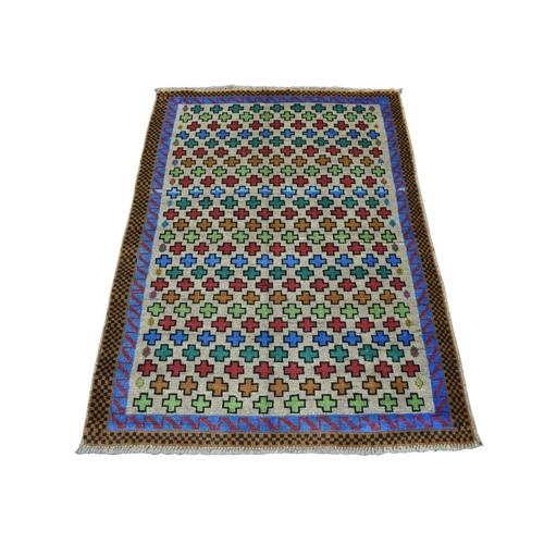 Gray Hand Knotted Colorful Afghan Baluch All Over Design Pure Wool Oriental 