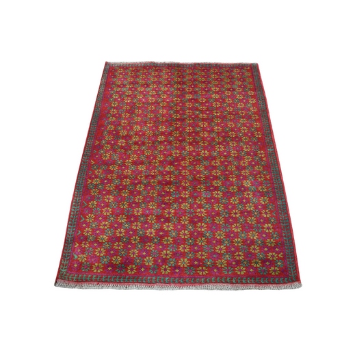 Red Colorful Afghan Baluch All Over Design Hand Knotted Pure Wool Oriental 