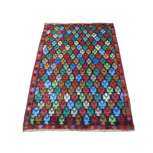 Red Tribal Design Colorful Afghan Baluch Hand Knotted Pure Wool Oriental 