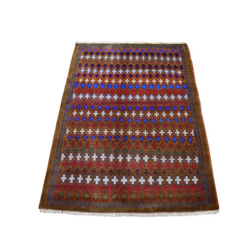 Brown All Over Design Colorful Afghan Baluch Hand Knotted Pure Wool Oriental 