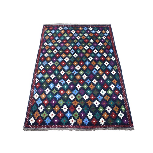 Blue Colorful Afghan Baluch All Over Design Pure Wool Hand Knotted Oriental 