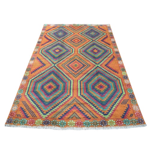 Burnt Orange Colorful Afghan Baluch Hand Knotted Geometric Design Pure Wool Oriental 