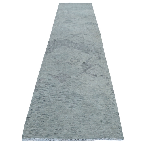 Gray Shades Flat Weave Kilim Pure Wool Hand Woven Runner Oriental Rug 