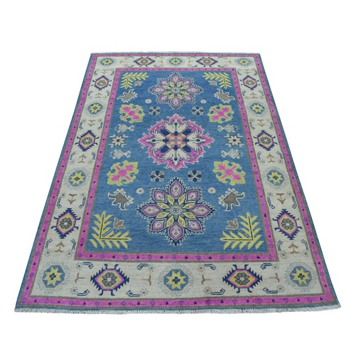 Colorful Blue Fusion Kazak Pure Wool Hand Knotted Oriental 