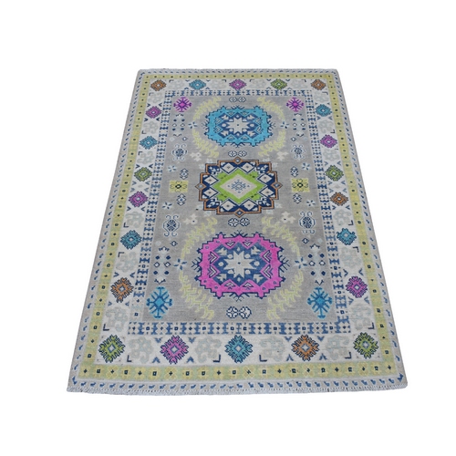 Colorful Gray Fusion Kazak Pure Wool Geometric Design Hand Knotted Oriental 