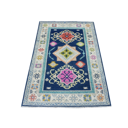 Colorful Navy Blue Fusion Kazak Pure Wool Hand Knotted Oriental 