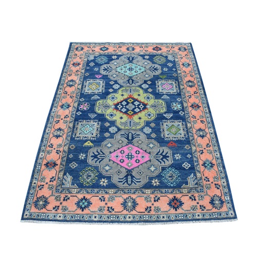 Colorful Blue Fusion Kazak Pure Wool Geometric Design Hand Knotted Oriental 