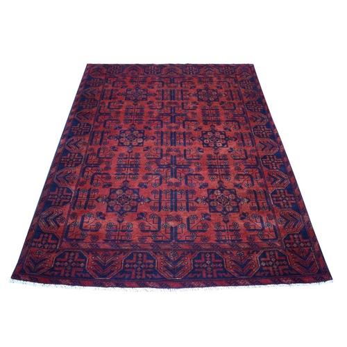 Deep and Saturated Red Geometric Afghan Andkhoy Pure Wool Hand Knotted Oriental 